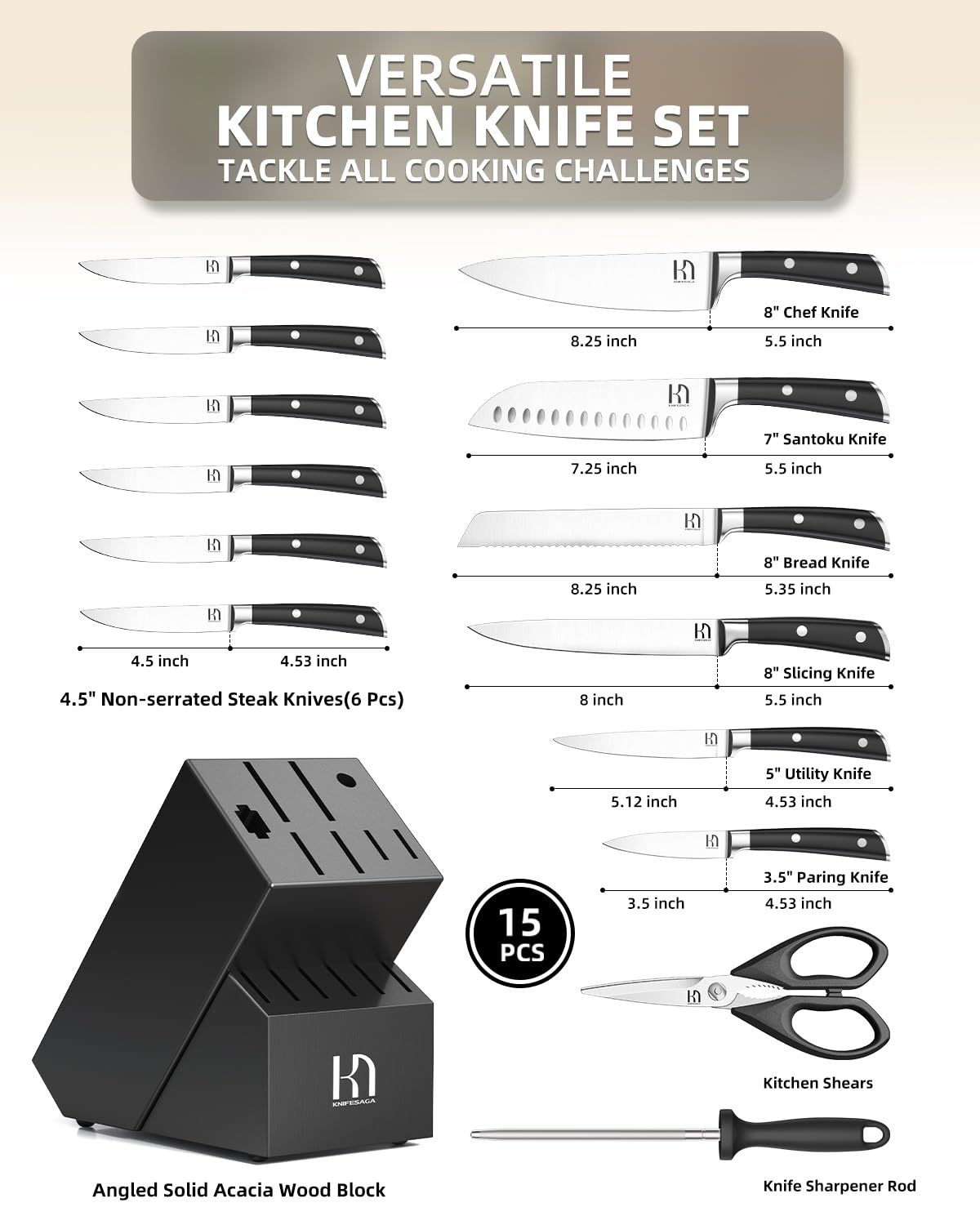 2025 Knife Set 15 Pcs Japanese High Carbon Stainless Steel Kitchen Knife Sets with Block & Sharpener, Premium Razor-Sharp Black Knives Block Set for Kitchen, Ergonomic Full-Tang Handle