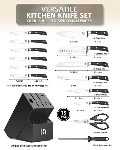 2025 Knife Set 15 Pcs Japanese High Carbon Stainless Steel Kitchen Knife Sets with Block & Sharpener, Premium Razor-Sharp Black Knives Block Set for Kitchen, Ergonomic Full-Tang Handle