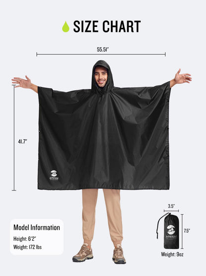 SaphiRose Hooded Rain Poncho Waterproof Raincoat Jacket for Men Women Adults (Black)