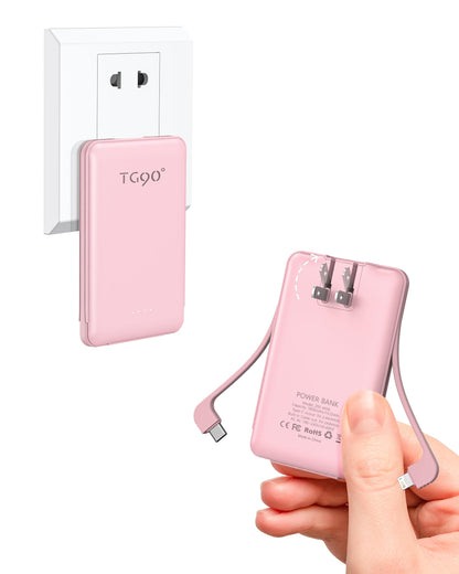 TG90° Portable Charger Power Bank, Ultra Small 5000mAh Battery Pack with Built-in AC Wall Plug and Cables, USB C Cell Phone External Battery Charger Compatible with iPhone and Android Devices