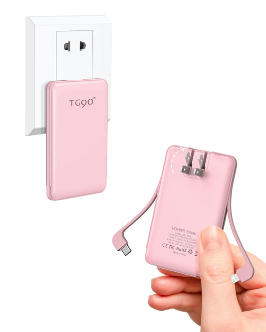 TG90° Portable Charger Power Bank, Ultra Small 5000mAh Battery Pack with Built-in AC Wall Plug and Cables, USB C Cell Phone External Battery Charger Compatible with iPhone and Android Devices