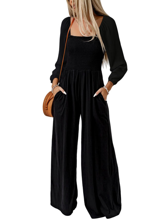 Dokotoo Loose Jumpsuits for Women Overalls Oversized Solid Color Wide Leg One Piece Long Sleeve jumpsuit Long Pant Romper with Pockets 2025 Fashion Black Large