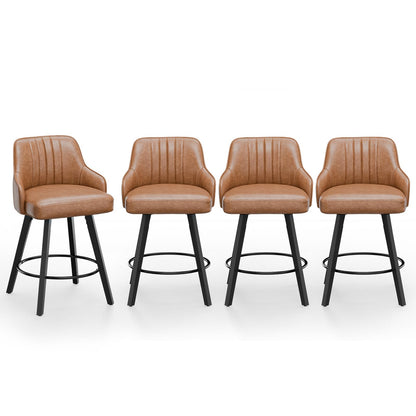 VINGLI 26" H Swivel Barstools Set of 4, PU Leather Upholstered Counter Stool with Back, Kitchen High Chairs Counter Height Bar stools with Cushion, Solid Wood Legs, Brown