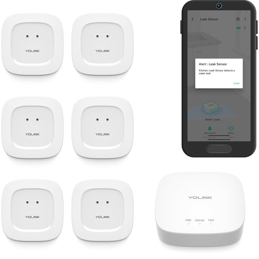 YoLink Smart Home Starter Kit: Hub & Water Leak Sensor 6-Pack, SMS/Text, Email & Push Notifications, LoRa Up to 1/4 Mile Open-Air Range, w/Alexa, IFTTT, Home Assistant