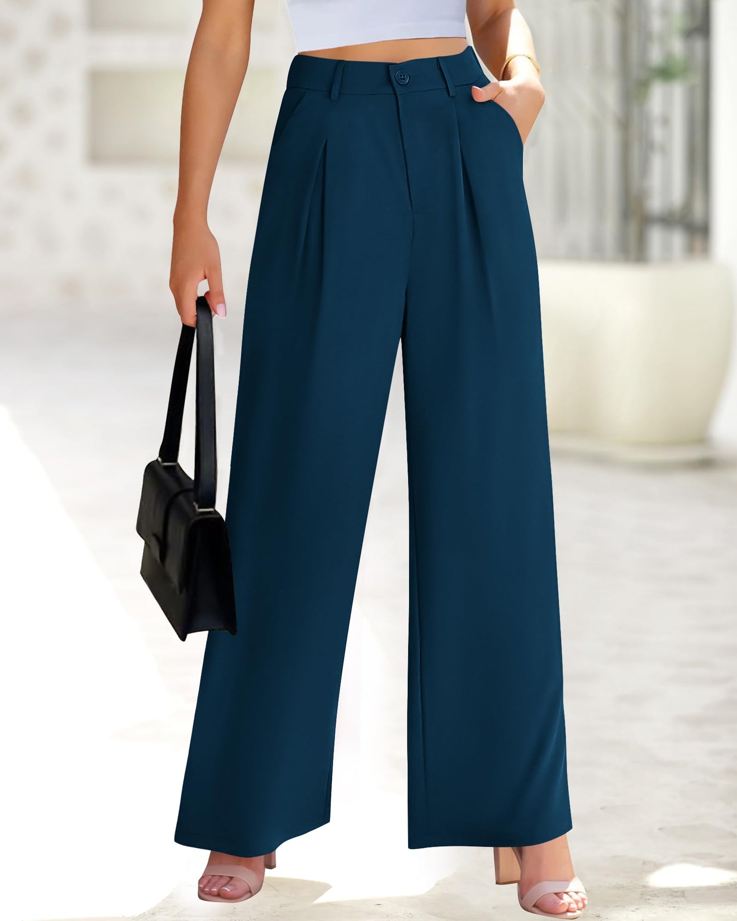BTFBM Women High Waist Palazzo Pants Casual Wide Leg Trousers Button Down Loose Work Office Business Suit Pant Pockets(Solid Dark Blue, Small)