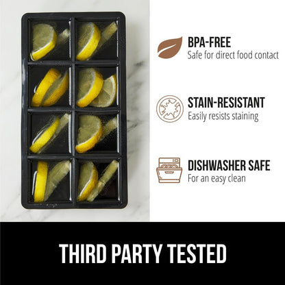 Gorilla Grip Slow Melting Large Silicone Ice Cube Tray for Freezer, 2 Pack, Easy to Push 8 Giant Square Cubes, Use for Cocktails, Iced Coffee, Water Bottle, Frozen Puree, Kitchen Bar Essentials, Black