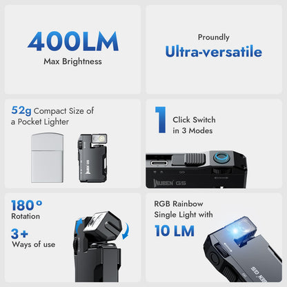 WUBEN G5 Rechargeable EDC Flashlight, 400 Lumens Dual Light Sources Mini Flashlight with RGB Light, Portable Flat Pocket Flashlights, Magnetic Keychain Flashlight for Outdoor Home Emergencies (Black)