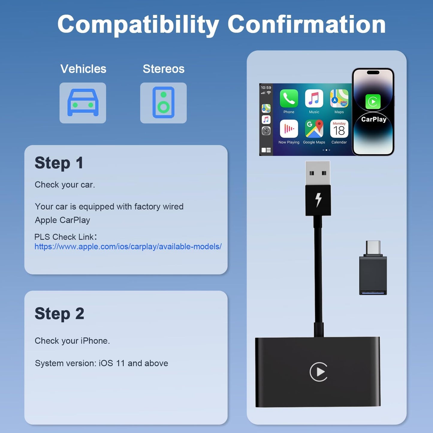 CarPlay Wireless Adapter, Converts Factory Wired CarPlay to Wireless, 2024 Upgrade Wireless Carplay Adapter for Cars from 2015 & iPhone iOS 10+