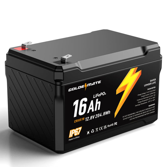 GOLDENMATE 12V 16Ah LiFePO4 Battery, IP67 Waterproof, 12V Lithium Battery w/ 5000+ Deep Cycles, Built-in BMS, Premium Lithium Iron Phosphate Cell, Ideal for Solar, Marine, Fishfinder, Off-grid camping