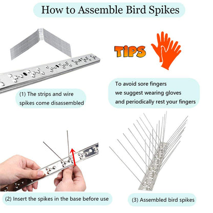 PANGCH Bird Spikes for Pigeons Small Birds,Stainless Steel Bird Spikes -No More Bird Nests & Poop-Disassembled Spikes 70 Strips 75.78 Feet Coverage