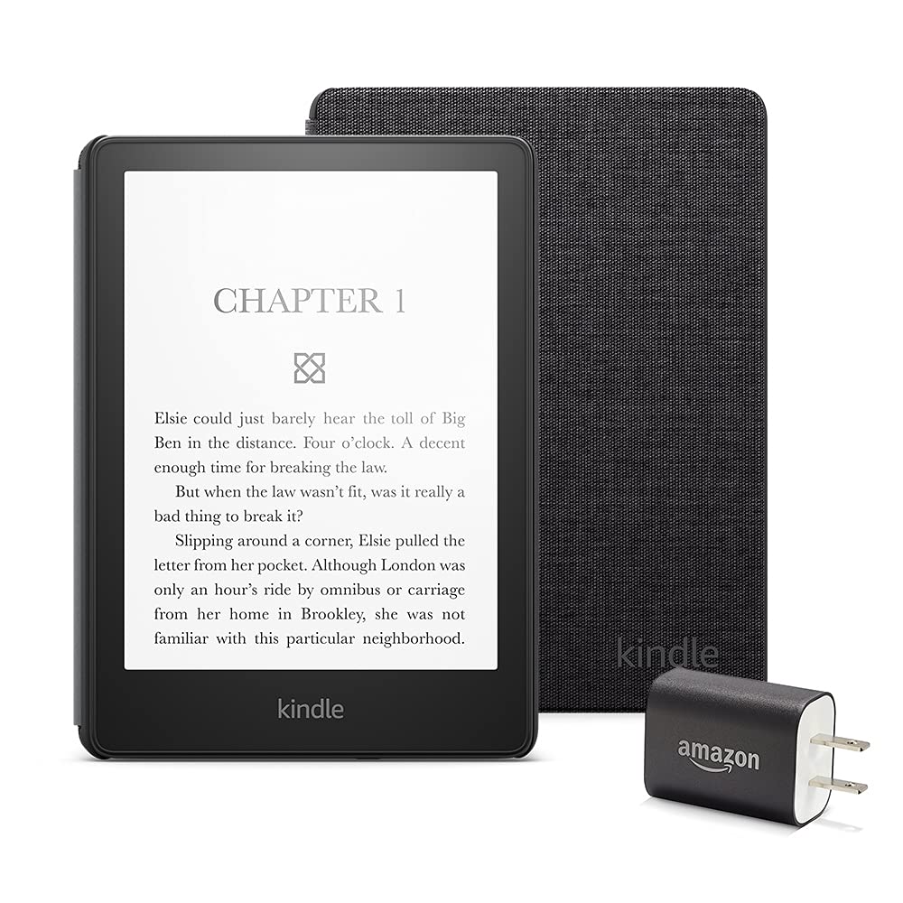 Kindle Paperwhite Essentials Bundle including Kindle Paperwhite (16 GB), Fabric Cover - Black, and Power Adapter