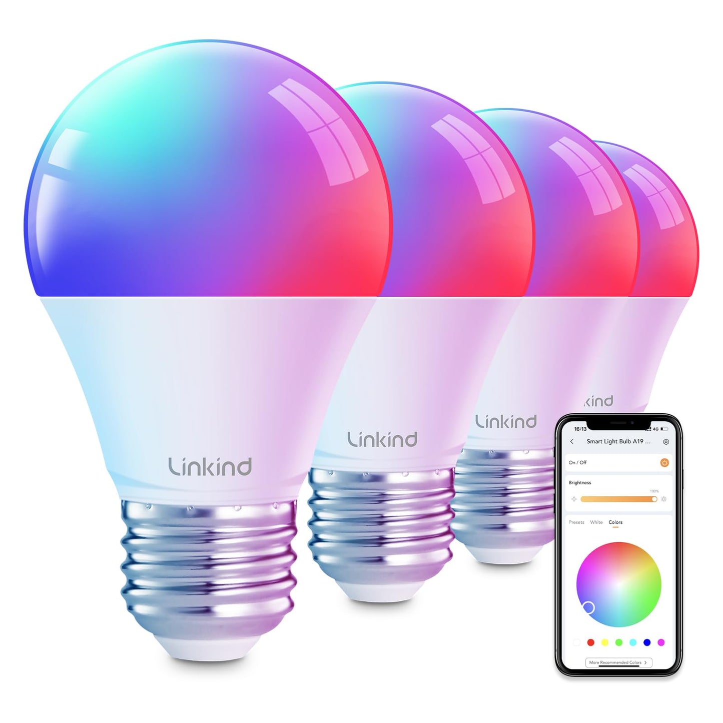 Linkind Smart Light Bulbs, Smart Bulb That Work with Alexa & Google Home, LED Light Bulbs Color Changing, 64 Preset Scenes, Music Sync, A19 E26 2.4GHz RGBTW WiFi Bluetooth Light Bulb 60W, 800LM, 4Pack