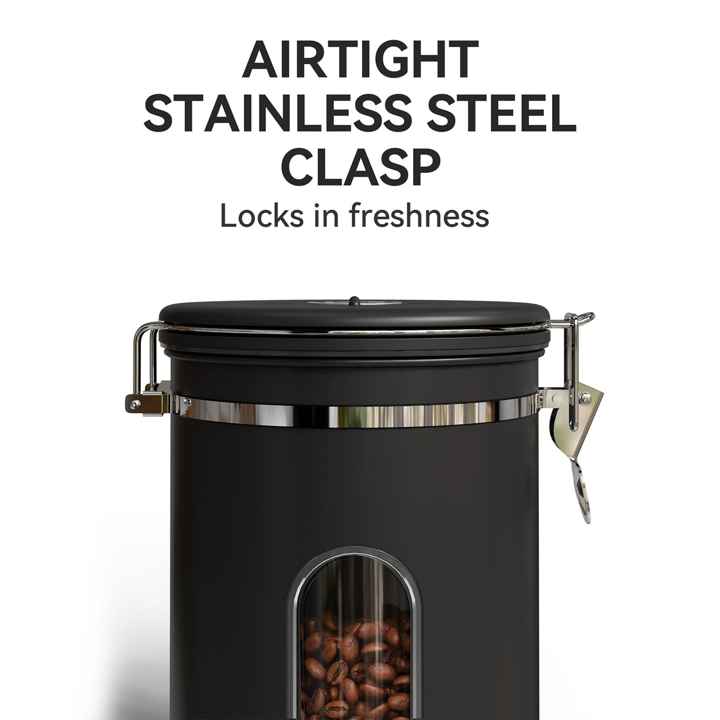Veken Coffee Canister with Window,Coffee Bar Accessories,Airtight Stainless Steel Kitchen Food Storage Container Lover Gifts,Date Tracker and Scoop for Grounds,Beans,Tea, Sugar,Flour,Cereal,22OZ,Black