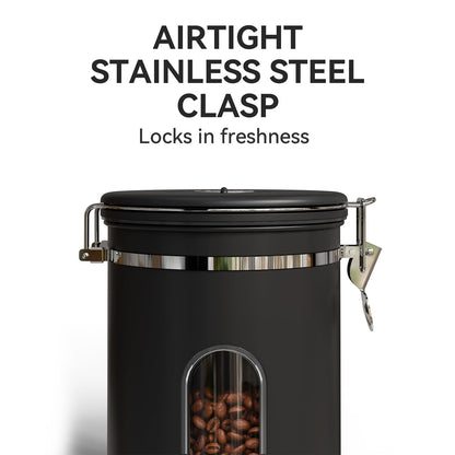 Veken Coffee Canister with Window,Coffee Bar Accessories,Airtight Stainless Steel Kitchen Food Storage Container Lover Gifts,Date Tracker and Scoop for Grounds,Beans,Tea, Sugar,Flour,Cereal,22OZ,Black