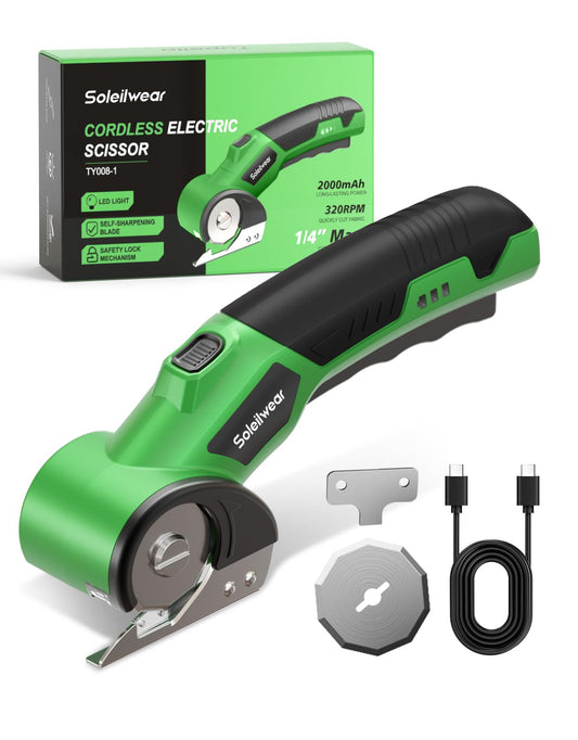 Cordless Electric Scissors, Rechargeable Cardboard Cutter, 4V Upgrade Motor Electric Box Cutter with 2 Blades, Safety Lock & LED Light, Powerful Cutting for Cardboard Box, Plastic, Leather