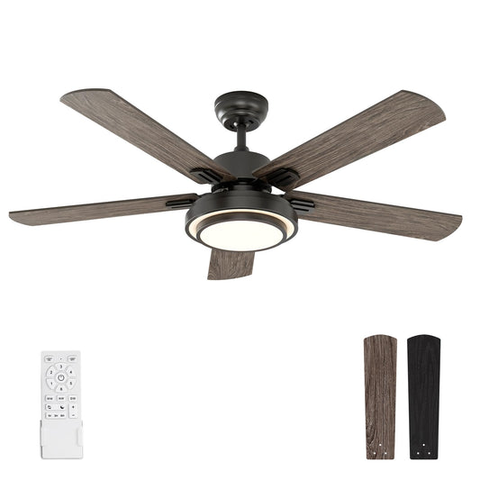 warmiplanet Ceiling Fans with Lights and Remote Control, 52 Inch, 6 Speeds Reversible DC Motor, 3 Color Dimmable Light, Timer, Noiseless, Black, 5 Blades