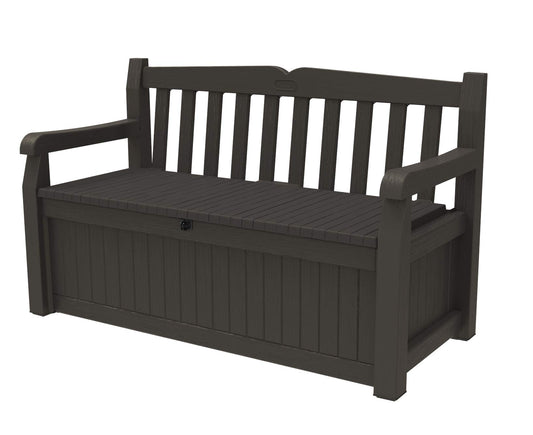 Keter Solana 70 Gallon Storage Bench Deck Box for Patio Furniture, Front Porch Decor and Outdoor Seating – Perfect to Store Garden Tools, Brown/Brown