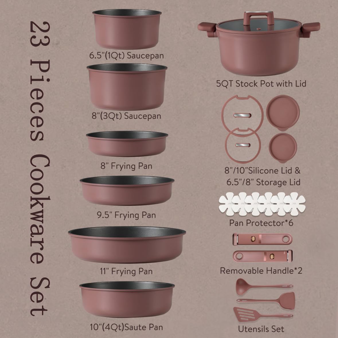 CAROTE 23Pcs Pots and Pans Set Non Stick with Detachable Handle Rouge Pink, Premium Nonstick Cookware Set, Dishwasher/Oven Safe Pots and Pans, Removable Handle RV Cookware