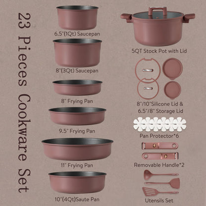 CAROTE 23Pcs Pots and Pans Set Non Stick with Detachable Handle Rouge Pink, Premium Nonstick Cookware Set, Dishwasher/Oven Safe Pots and Pans, Removable Handle RV Cookware