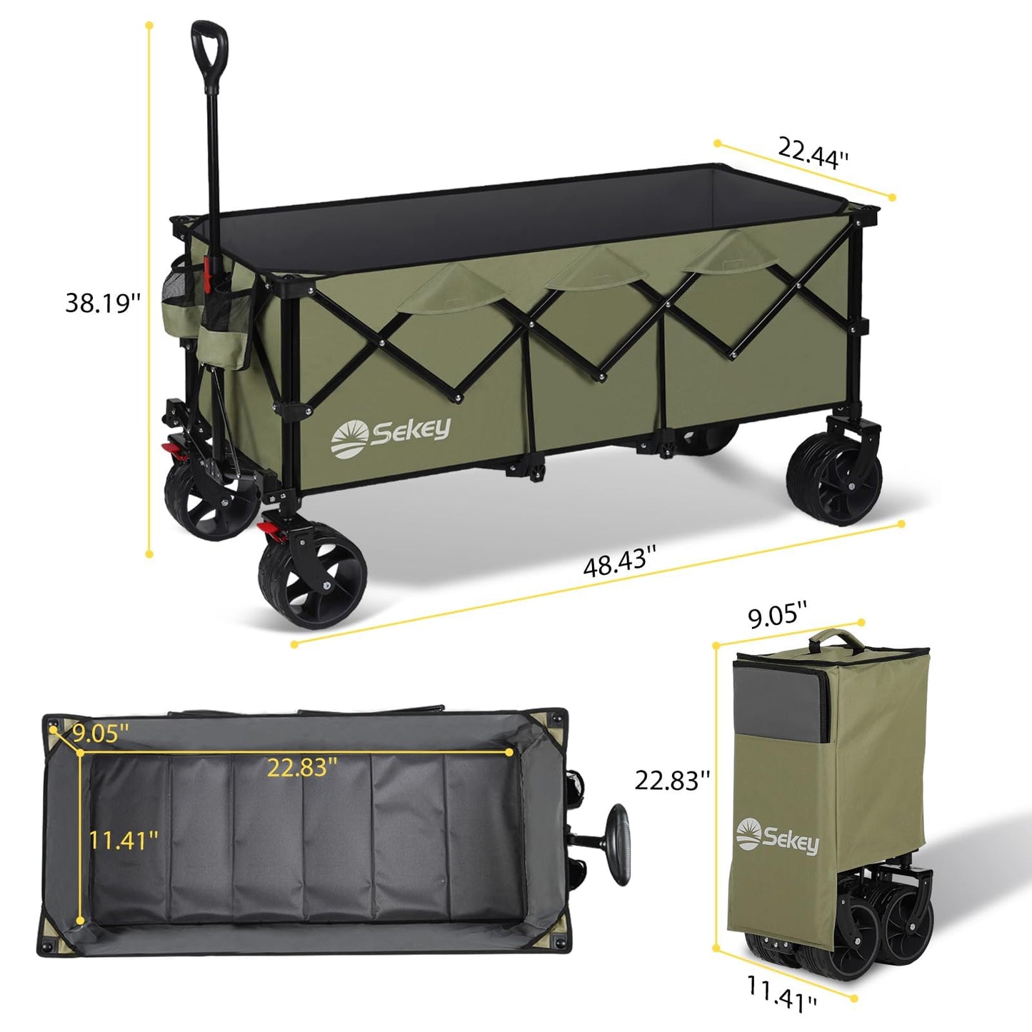 Sekey 48''L Collapsible Foldable Extended Wagon with 440lbs Weight Capacity, Heavy Duty 300L Folding Utility Garden Cart with Big All-Terrain Beach Wheels & Drink Holders. Khaki
