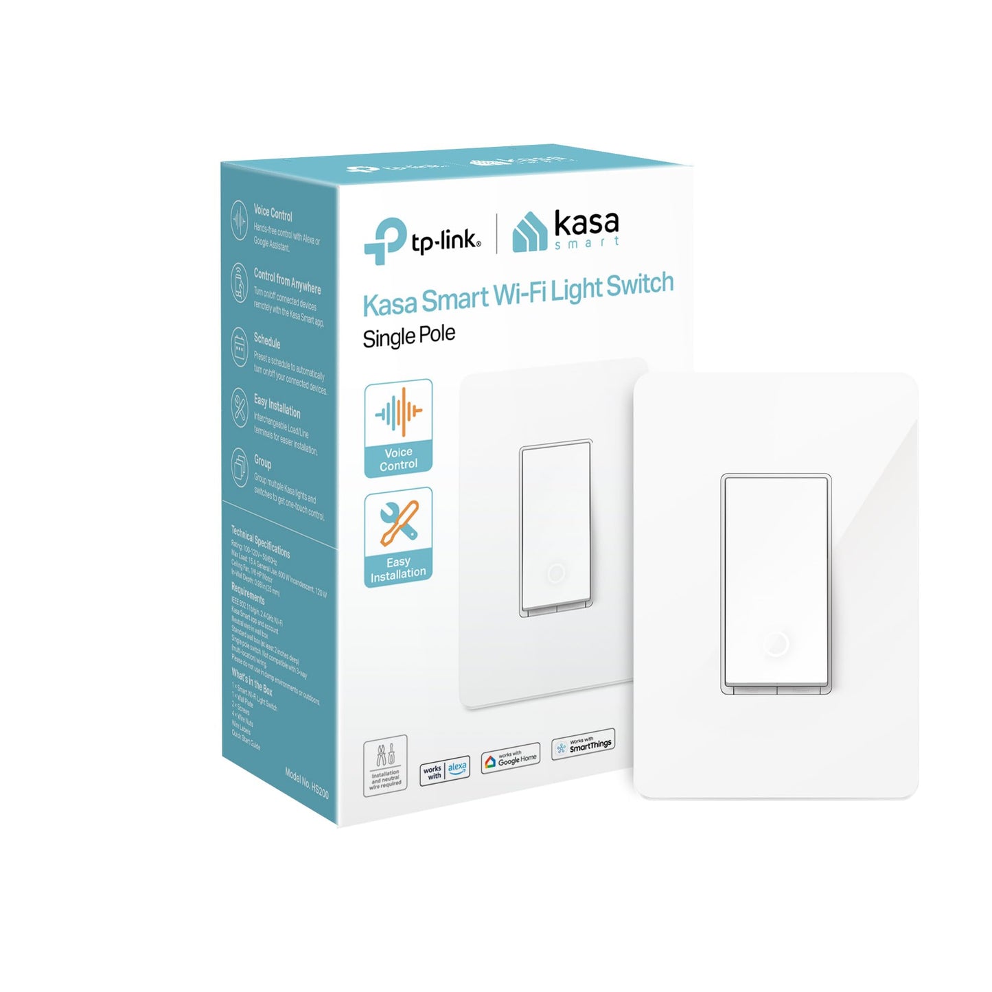 Kasa Smart Light Switch HS200, Single Pole, Needs Neutral Wire, 2.4GHz Wi-Fi Light Switch Works with Alexa and Google Home, UL Certified, No Hub Required , White, HS200