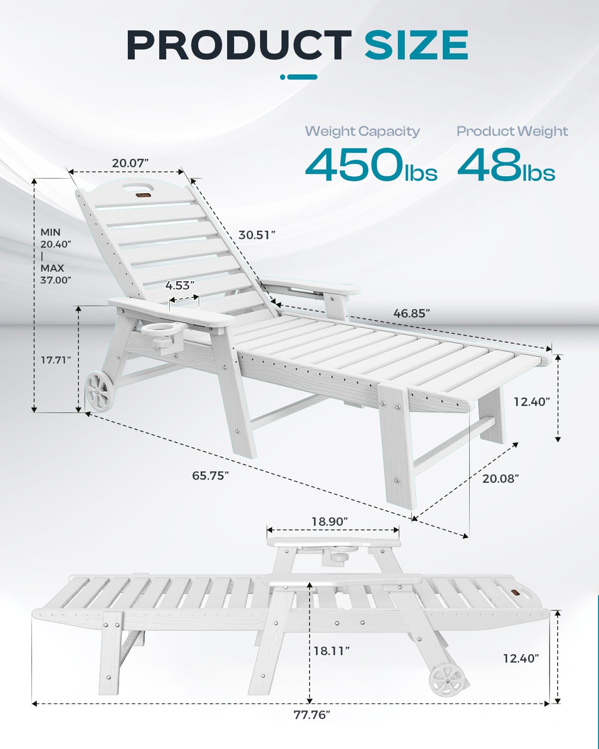 Outdoor Chaise Lounge Chair Set of 2, Patio Lounge Chairs for Outside, HDPE Lounge Chairs with Wheels & Cup Holder, Poly Lounge Chair with 5 Position for Poolside, Deck, White