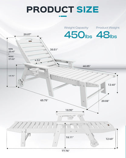 Outdoor Chaise Lounge Chair Set of 2, Patio Lounge Chairs for Outside, HDPE Lounge Chairs with Wheels & Cup Holder, Poly Lounge Chair with 5 Position for Poolside, Deck, White