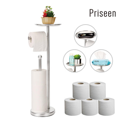 Toilet Paper Holder Stand with Phone Shelf, Freestanding TP Holder, Holds 5 Rolls, Stainless Steel (Brushed Nickel)