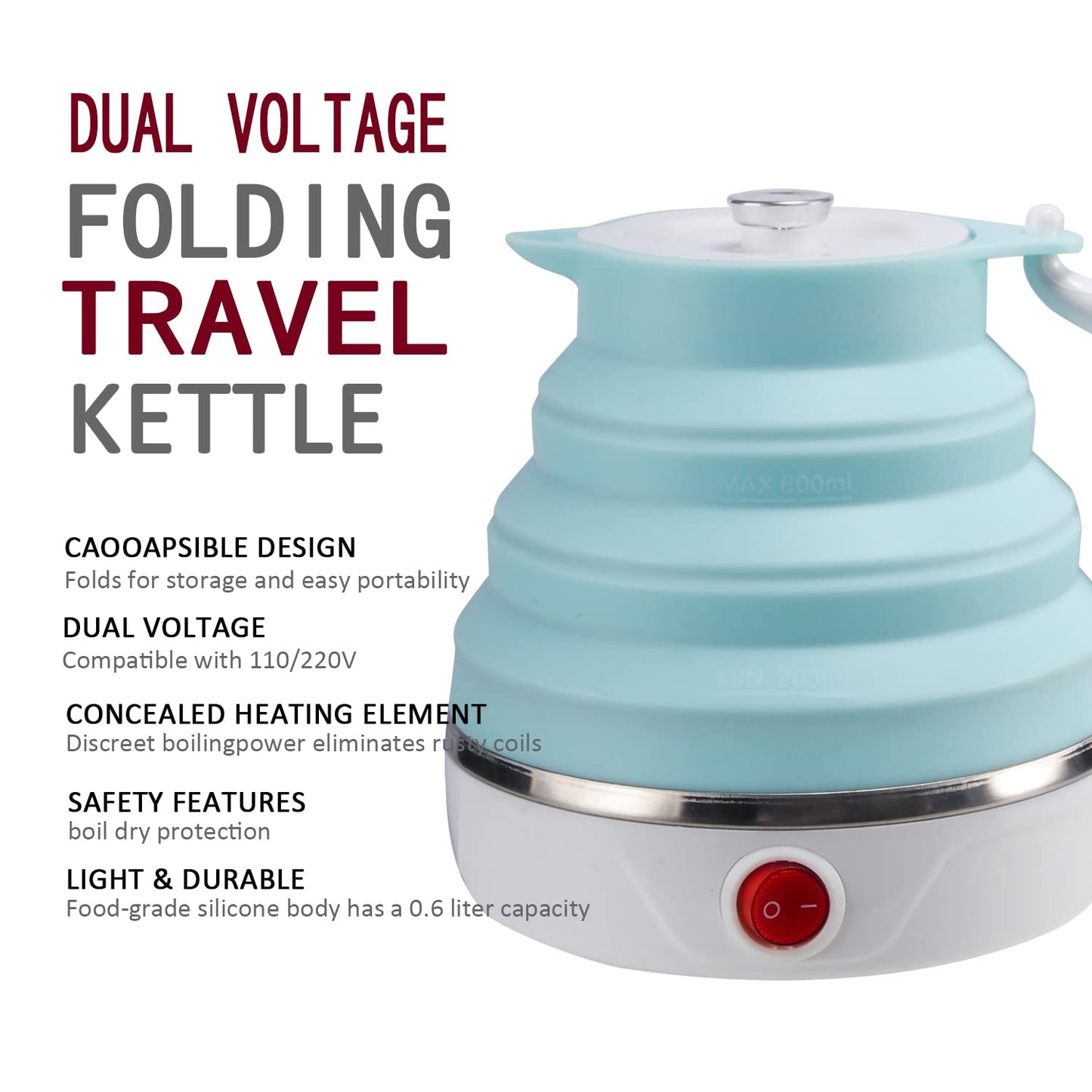 Travel Foldable Electric Kettle, Collapsible Food Grade Silicone Small Kettle Boiling water,Dual Voltage（600ml,110-220V US Plug） (Blue)