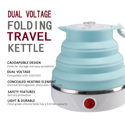 Travel Foldable Electric Kettle, Collapsible Food Grade Silicone Small Kettle Boiling water,Dual Voltage（600ml,110-220V US Plug） (Blue)