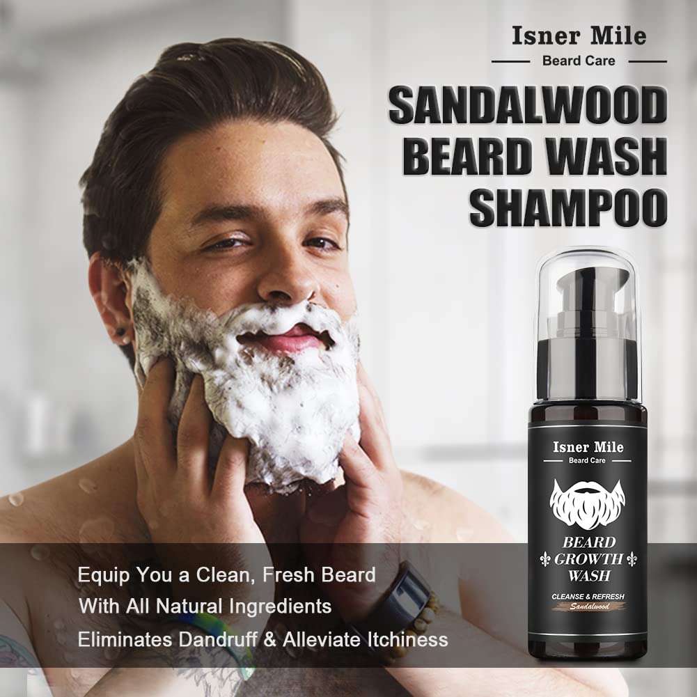 Isner Mile Beard Grooming Kit for Men: Trimming Sets with Beard Wash/Shampoo - Oil - Balm - Brush - Comb - Scissors & Storage Bag, Valentines Birthday Fathers Gifts for Dad Men Husband Boyfriend