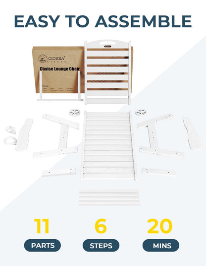 Outdoor Chaise Lounge Chair Set of 2, Patio Lounge Chairs for Outside, HDPE Lounge Chairs with Wheels & Cup Holder, Poly Lounge Chair with 5 Position for Poolside, Deck, White