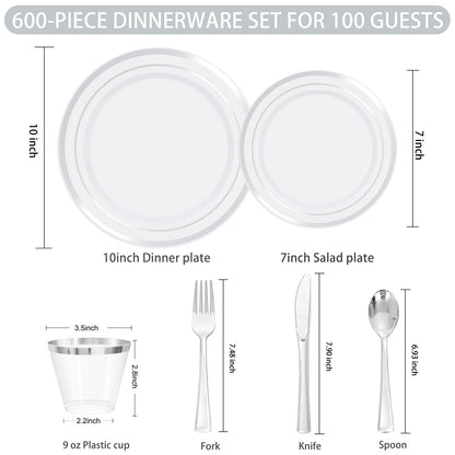 WELLIFE 600 PCS Silver Disposable Dinnerware Set for 100 Guests, Silver Plastic Plates for Party, 100 Each-Dinner & Salad Plates, Cups, Forks Knives Spoons for Wedding and Easter Events