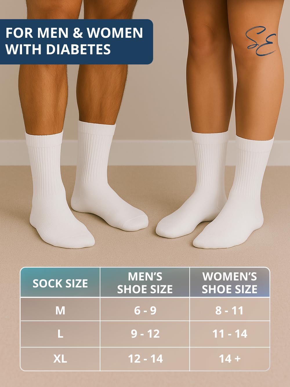 Special Essentials Diabetic Socks for Men & Women – 12 Pairs of Non-Binding Extra Wide Top Cotton Neuropathy Socks – Crew Length, White, 13-15