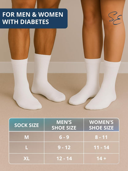 Special Essentials Diabetic Socks for Men & Women – 12 Pairs of Non-Binding Extra Wide Top Cotton Neuropathy Socks – Crew Length, White, 13-15