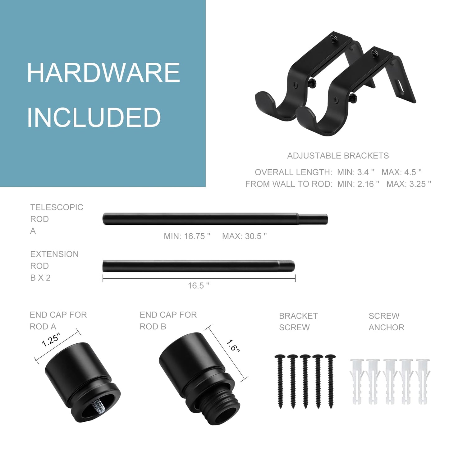 Byondeth Curtain Rods for Windows 16 to 48 or 60 Inches Max Adjustable Length 1 Inch Diameter Window Curtain Rod with Aluminium Finials, Black