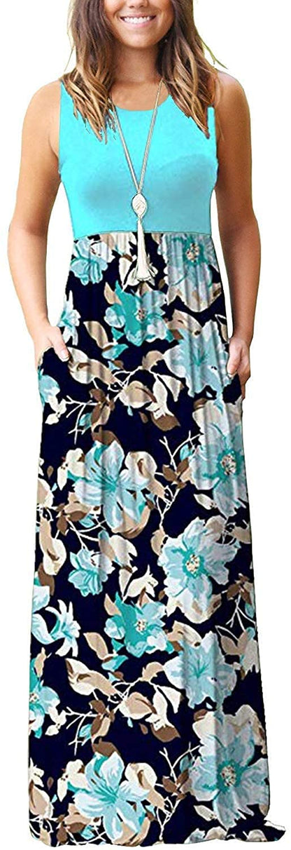 AUSELILY Women's Summer Sleeveless Loose Plain Maxi Dress Casual Long Dress with Pockets Light Blue