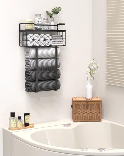 Wall Mounted Towel Rack for Bathroom - Bath Storage Holder Set Above Toilet, Rolled Towel Shelf Organizer, Wood Vertical Rack for Small Bathroom Decor, Black