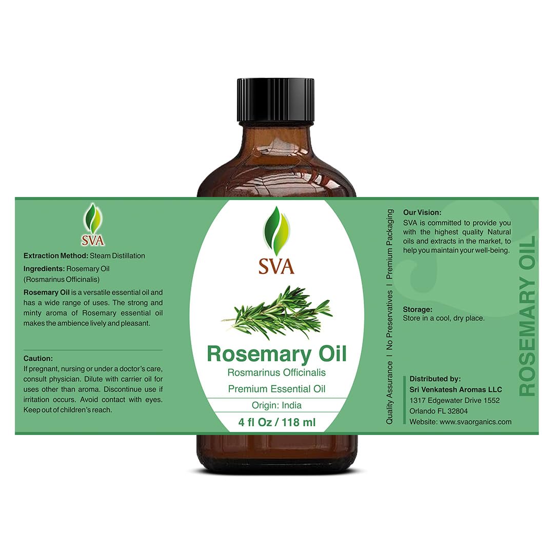 SVA Rosemary Essential Oil – 4 Fl Oz – 100% Natural Rosemary Oil for Hair, Face, Skin Care, Diffuser, Aromatherapy, Scalp, Body Massage, Soap and Candle Making – with Dropper