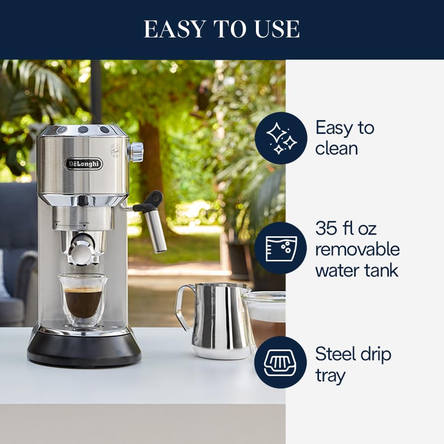 De'Longhi Dedica EC680M, Espresso Machine, Coffee and Cappucino Maker with Milk Frother, Metal / Stainless, Compact Design 6 in Wide, Fit Mug Up to 5 in