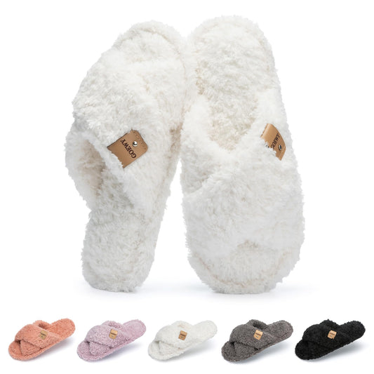 GOEWY Fuzzy Open Toe Slippers for Women Indoor and Outdoor with Memory Foam Cozy Cross Band Cute Slipper Soft House Shoes Slip On Gifts for Women Mom Her Ladies Bridesmaid White