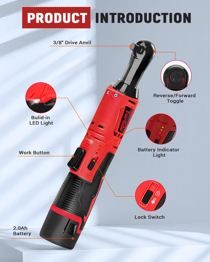 Tarlido 3/8" Electric Ratchet Wrench, 40 Ft-Lbs 400 RPM 12V Cordless Battery Powered Ratchet Wrench Set with LED Light, Including 2 Batteries, 11 Sockets and Fast Charge-Red