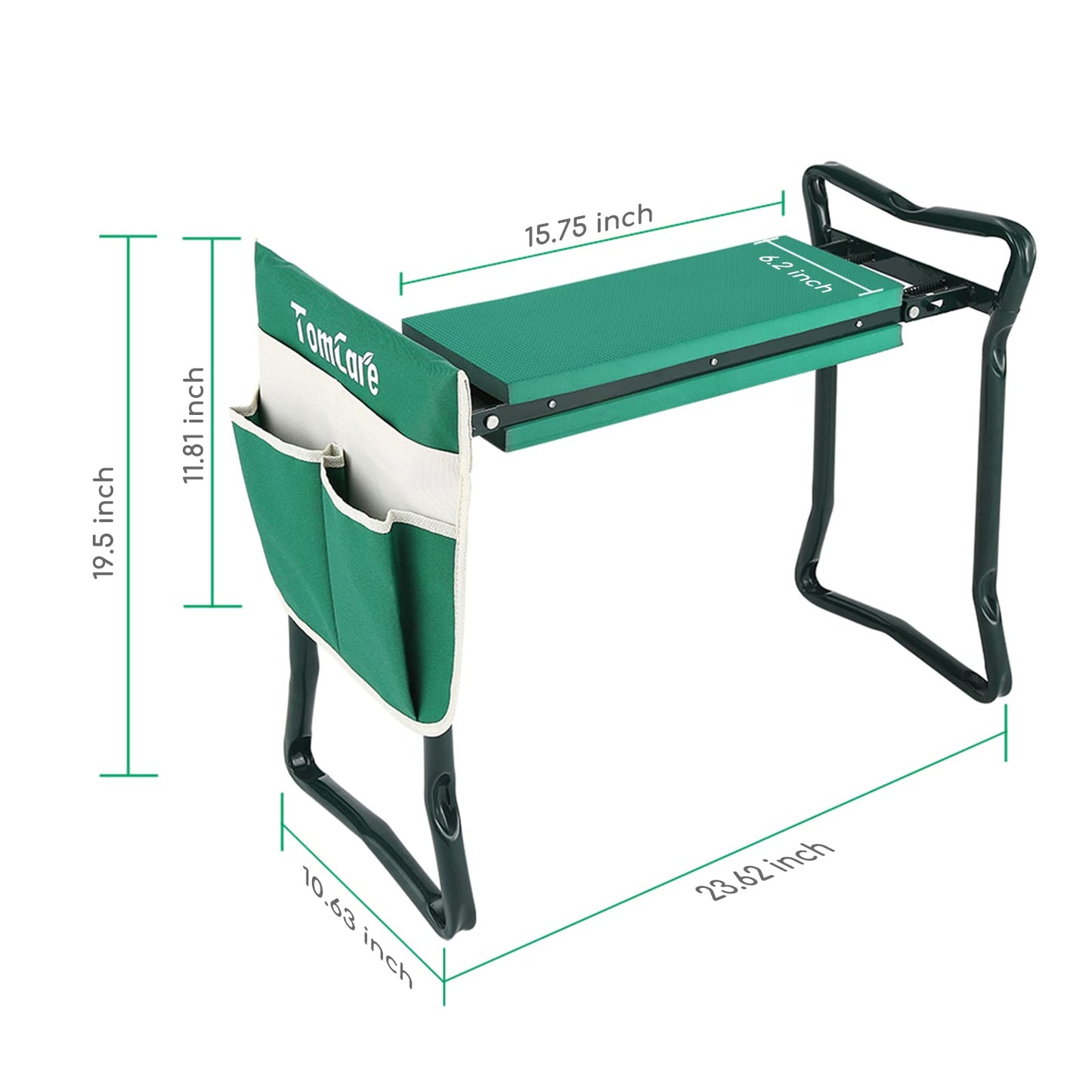 TomCare Garden Kneeler Seat Garden Bench Garden Stools Foldable Stool with Tool Bag Pouch EVA Foam Pad Outdoor Portable Kneeler Gardening Gifts for Women Men, Large 21.65"x10.62"x18.89", Green