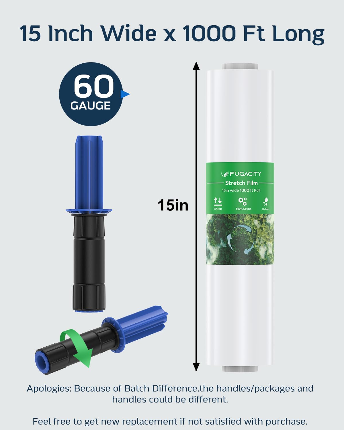 FugaCity Stretch Wrap Film-15 Inch 1000 ft 60 Gauge Shrink Wrap for Pallet Wrapping, Industrial Strength 1 Roll Pallet Wrap with Handles, Moving Supplies Plastic Wrap Roll, 500% Stretch, Transparent