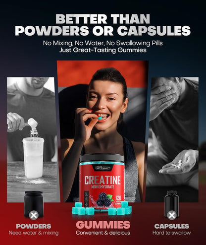 Dralot 99.99% Creatine Monohydrate Gummies More 15% Strength, 5X Energy & Muscle Support Pre-Workout Complex Creatine for Women & Men with 5000mg Creatine, L-Taurine, B12, Mg and K, 0 Sugar, Vegan