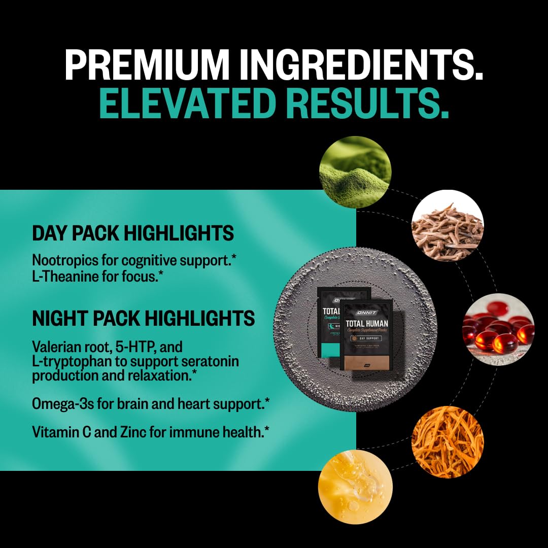 ONNIT Total Human Adult Multivitamin Dietary Supplement Comprehensive Capsule Packs with Day and Night Support, Daily Vitamin Packs for Men and Women, Dietary Supplement Capsules, 30-Day Supply