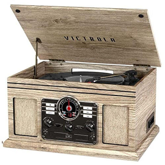 Victrola The Quincy 6-in-1 Bluetooth Record Player & Multimedia Center with Built-in Speakers – 3-Speed Turntable, CD & Cassette Player, AM/FM Radio, Wireless Music Streaming (Farmhouse Oatmeal)