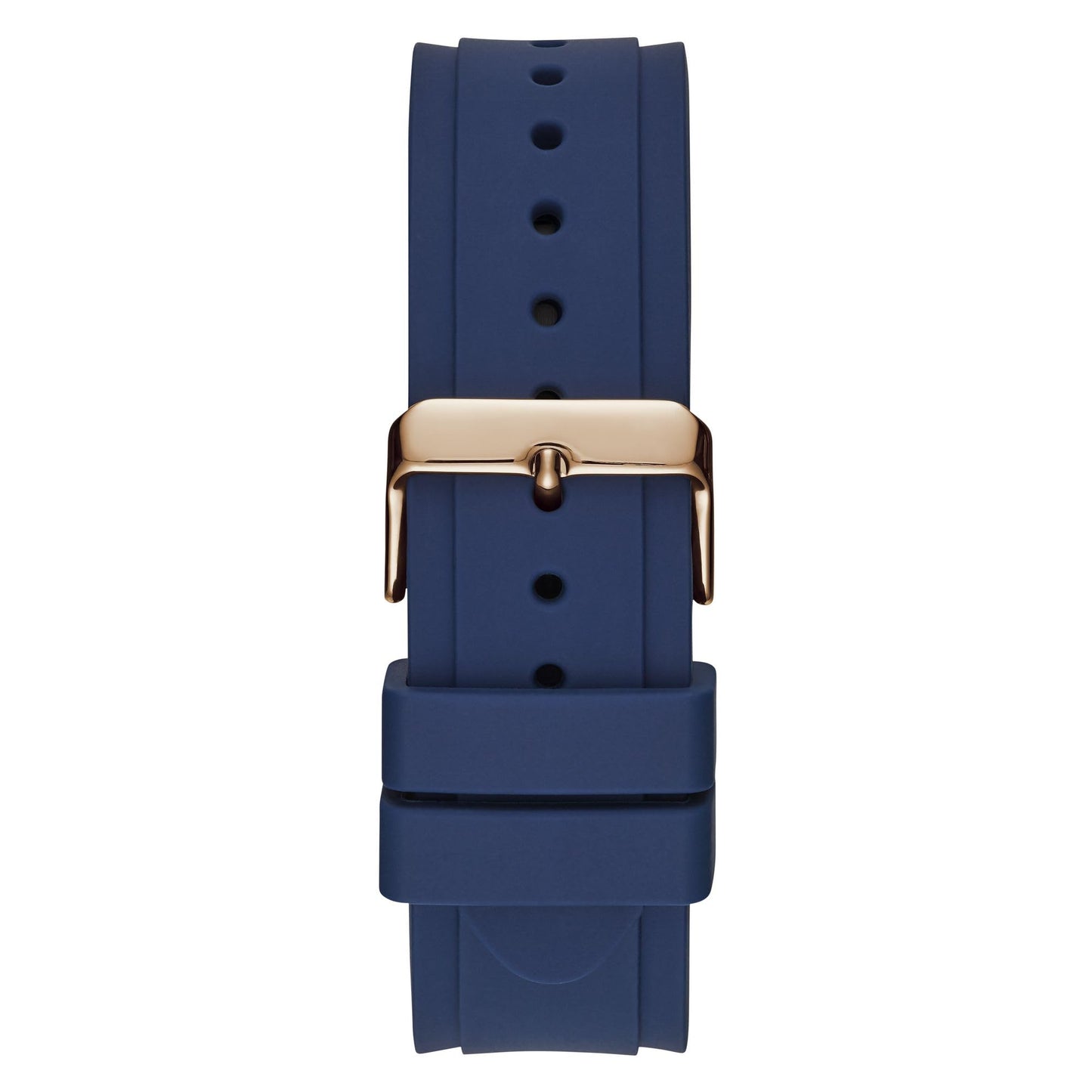 GUESS Comfortable Iconic Blue Stain Resistant Watch with Rose Gold-Tone Day, Date + 24 Hour Military/Int'l Time. Color: Blue (Model: U1049G2)