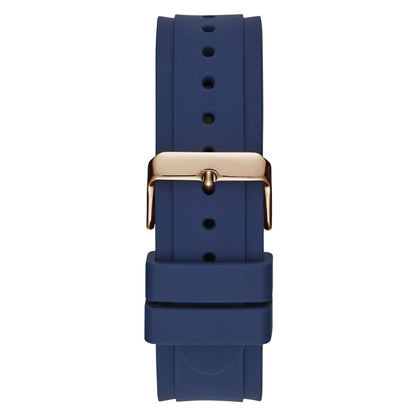 GUESS Comfortable Iconic Blue Stain Resistant Watch with Rose Gold-Tone Day, Date + 24 Hour Military/Int'l Time. Color: Blue (Model: U1049G2)