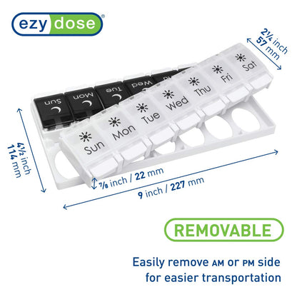 EZY DOSE Push Button (7-Day) Pill Case, Medicine Planner, Vitamin Organizer, 2 Times a Day AM/PM, Removeabale Trays, Large Compartments, Arthritis Friendly, Black and White Lids, BPA Free